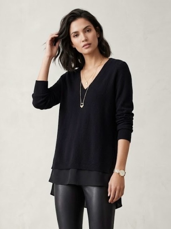 Vince Sweaters - Vince Mixed Media V-Neck Tunic Sweater Wool Cashmere Silk Trim Black XS
